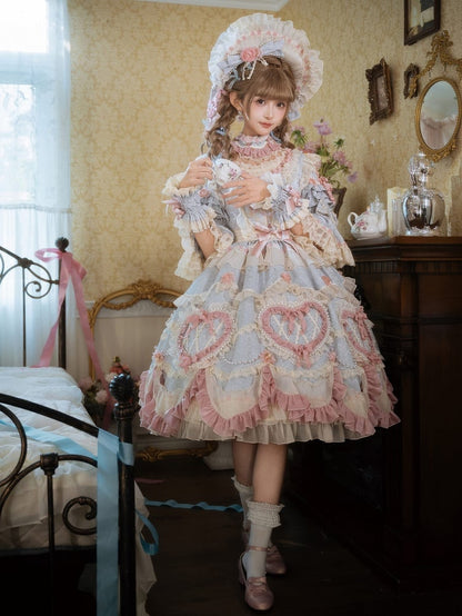 Light Gray Hanayome Rosette Embroidery Floral and Bead Chain Details Lolita OP Full Set