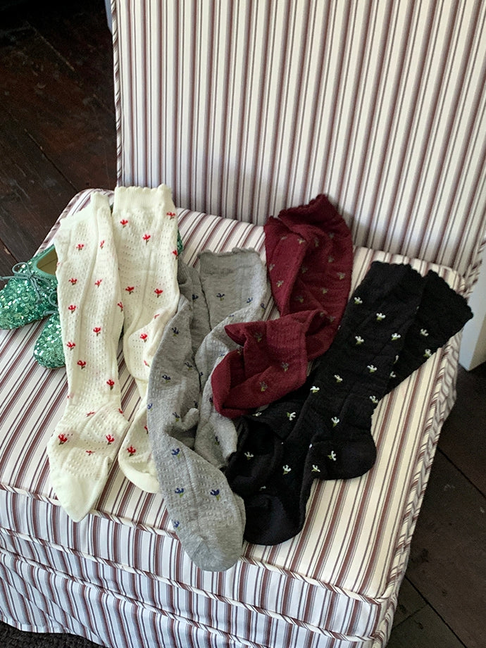 Floral Gray/White/Wine Stockings Under-knee Pattern Red/Black