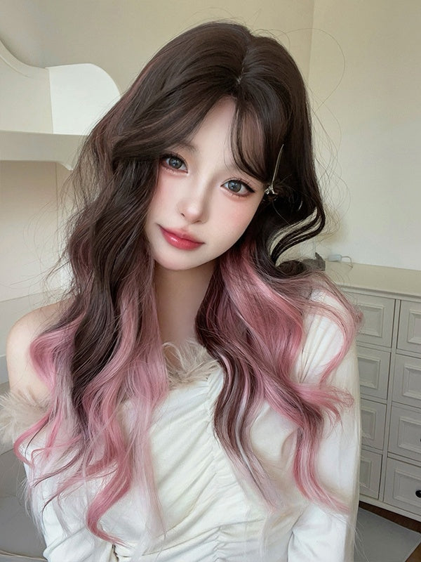 Pink-black Ombre Long Wavy Synthetic Wig With Curtain Bangs