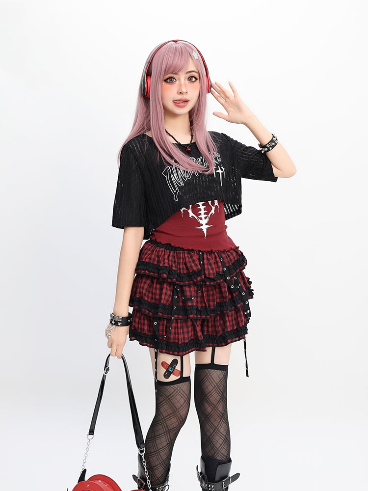 Red/Gray Tank Top with Halter Neck Coverup Set Graphic Black Y2K Cropped