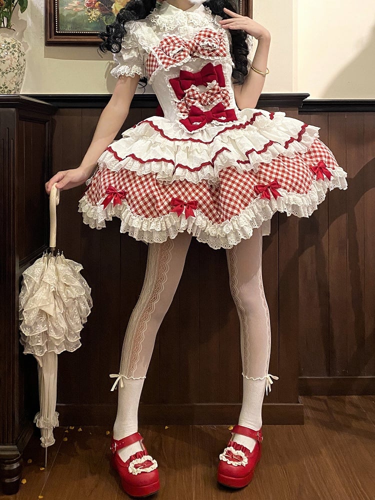 and Hem Scalloped Dress Edge with Sweet Skirt Pattern Lolita Gingham Tiered White Trim Red