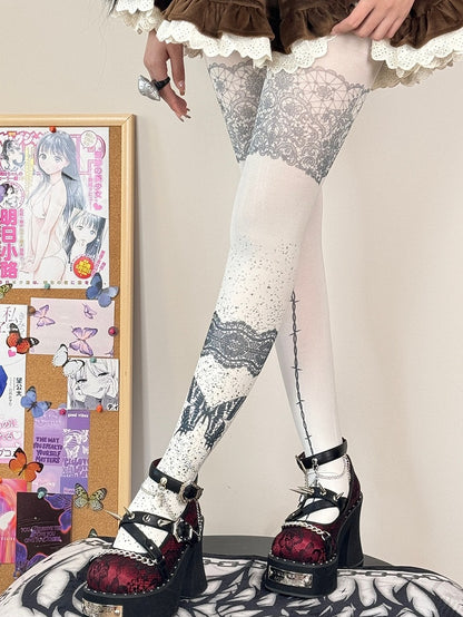 Weiße Strumpfhose mit Schmetterlingsdruck, Guro Kawaii