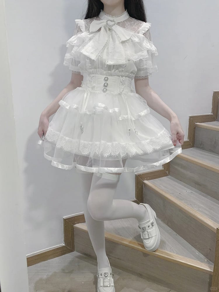 Big Ruffles Black/White Illusion Neckline Tiered Heart Buttons Short Jirai Kei Bow Sleeves Blouse with