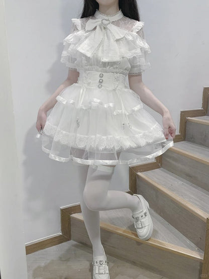 Big Ruffles Black/White Illusion Neckline Tiered Heart Buttons Short Jirai Kei Bow Sleeves Blouse with