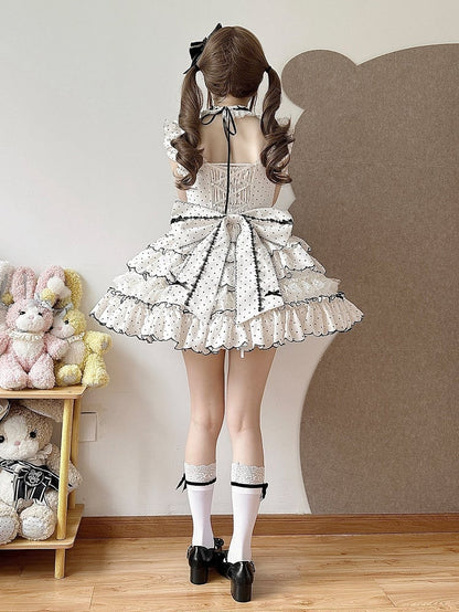 Süßes Lolita-Kleid mit Punkten, vielseitigem OP/JSK-Design und gestuftem Saum, Weiß