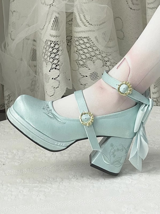 Heels Valley Middle Lily the Light Detachable Janes Bowknot of Mary Blue Embroidery
