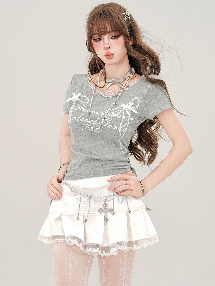 Grey Letters Print Drawstring Waist T-shirt