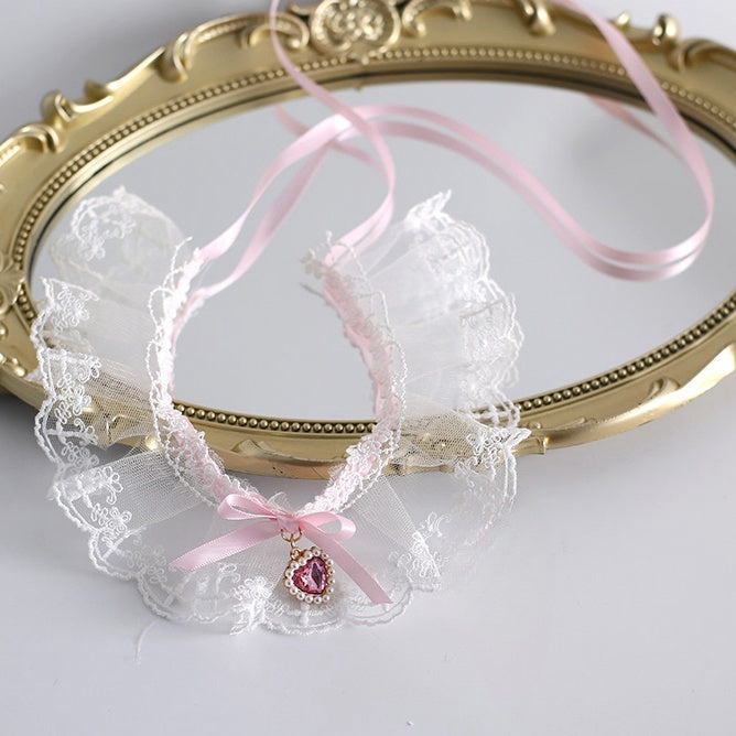 Collier ras du cou en dentelle Lolita rose et blanc avec nœud papillon et breloque en forme de cœur