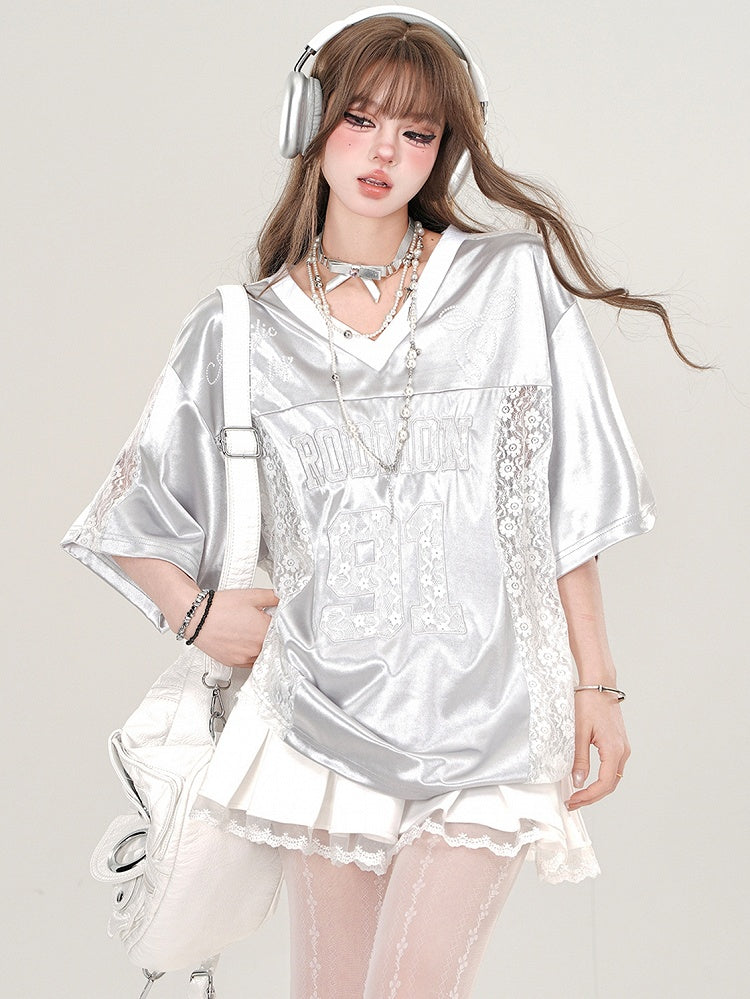 Grey/Black Lace Patchwork V-neck Sporty T-shirt