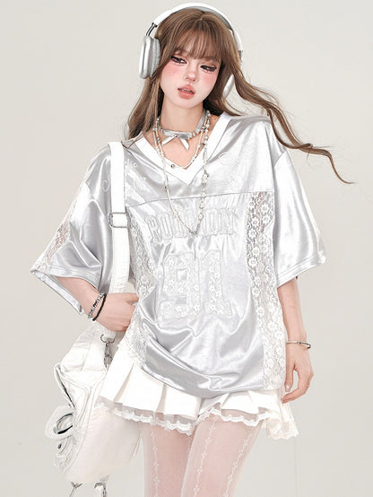 Grey/Black Lace Patchwork V-neck Sporty T-shirt