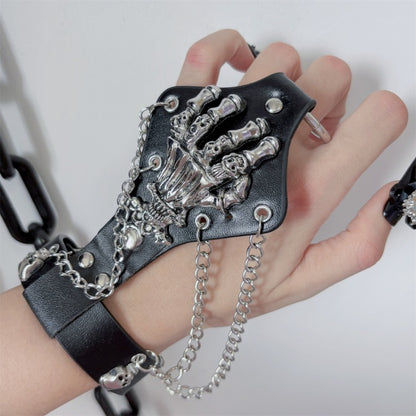 Gothic Skull Black Punk Rock Ring Bracelet with Chains