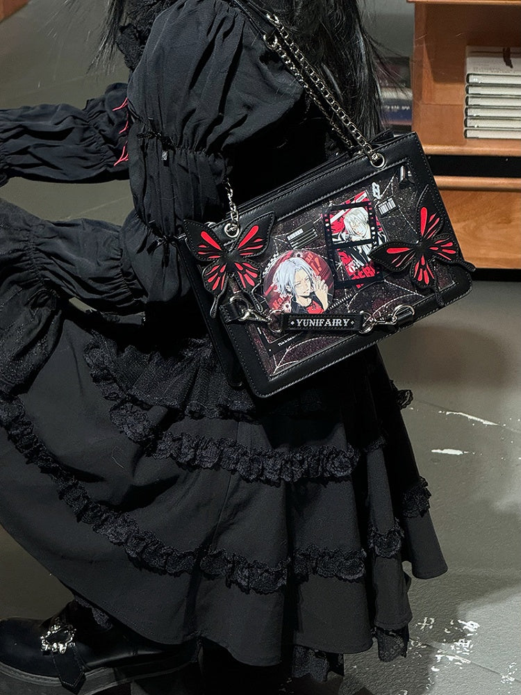 Red Butterfly Spiderweb Detail Small Version Black Ita Shoulder Bag