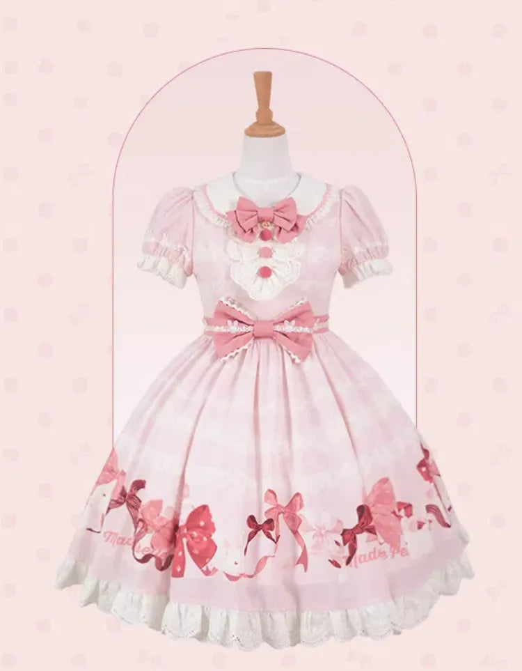 Short Bows Pink Piece One Sweet Dress and Sleeves Print Lolita Bunny