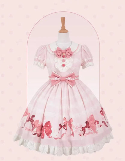 Short Bows Pink Piece One Sweet Dress and Sleeves Print Lolita Bunny
