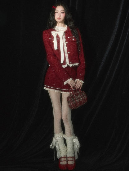 Christmas Red Tweed Cropped Jacket  Lace Trim Bowknot and Bead Details