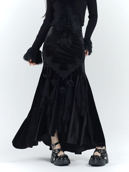 Gothic Black Velvet Rosette Lace Trim High-low Mermaid Skirt