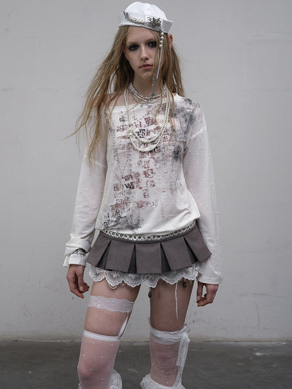Wasteland Punk Letter Long Top Asymmetrical Blue/Beige Sleeves Neckline Print