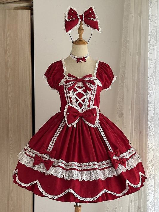 Old School Piece and Square Dress Cotton Short Red Puff Sleeves One Neckline Lolita