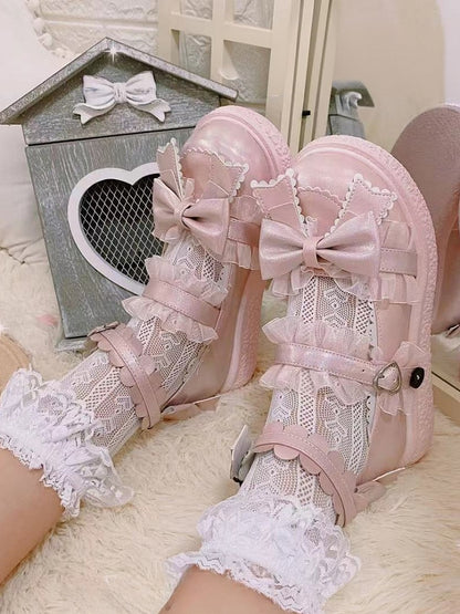 Black Heart Pattern Ruffled Lace Cuff Lolita Calf Socks