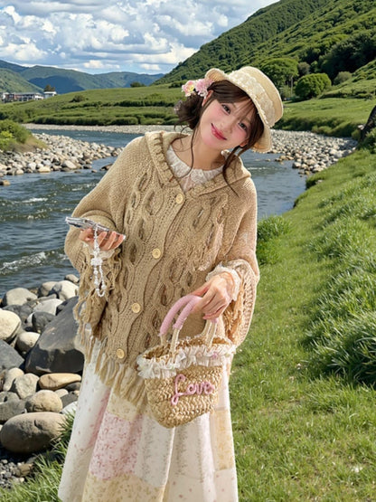 Cape with Tassel Hem Khaki Knitted Hooded