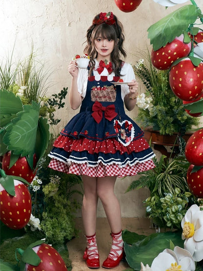 Trim Bear and Strawberry Embroidery Bows Navy Blue Lace Ruffled Heart-Shaped Charm