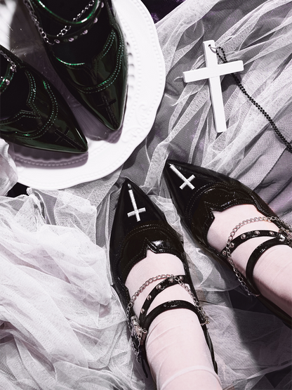 Gothic-Absatz, schwarz, Jane, spitz, dunkel, Mary, Stickerei, Kreuz, Schuhe, klobig, 7 cm