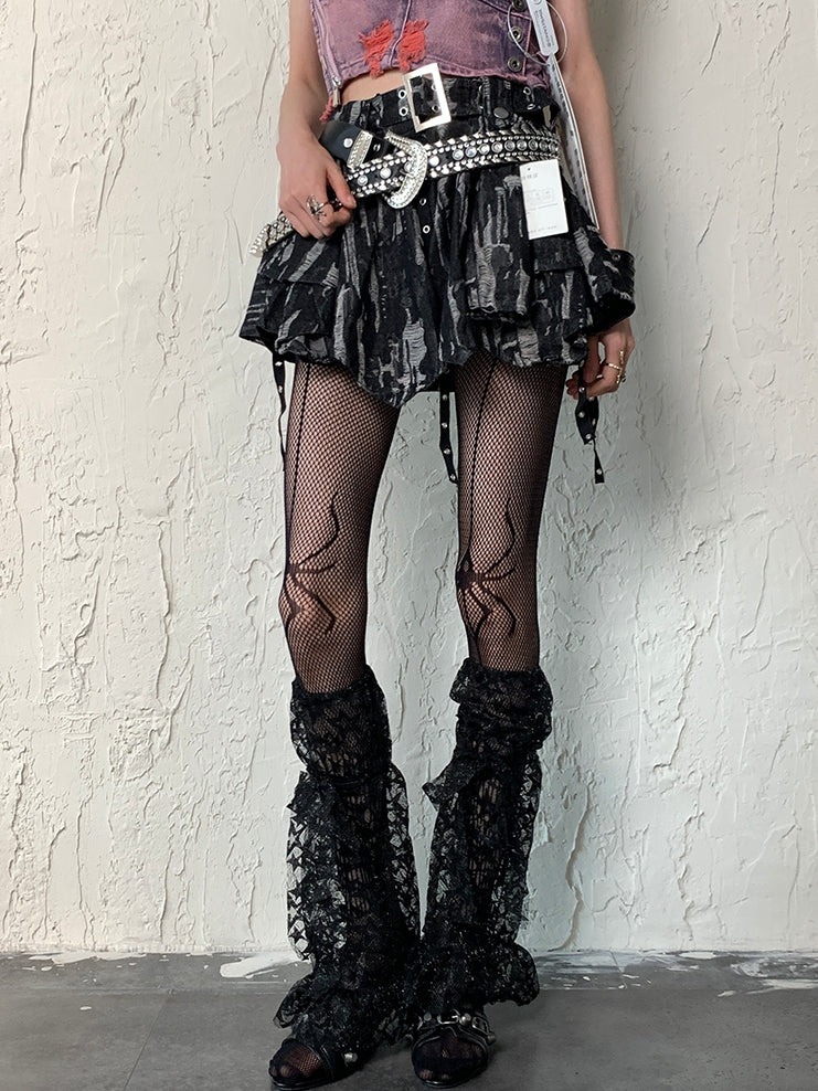 Star Pattern Leg Y2K Black Sleeves Trim Lace Strap Self-tie