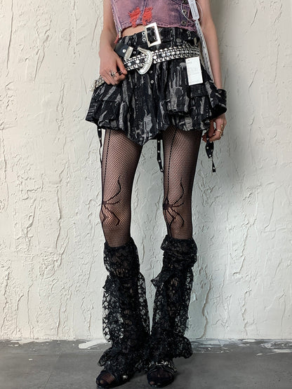 Star Pattern Leg Y2K Black Sleeves Trim Lace Strap Self-tie