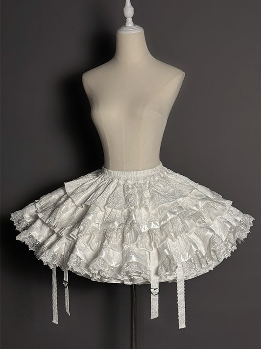 White Ruffles Gothic Strappy Lolita Skirt Tiered Heart Buckle