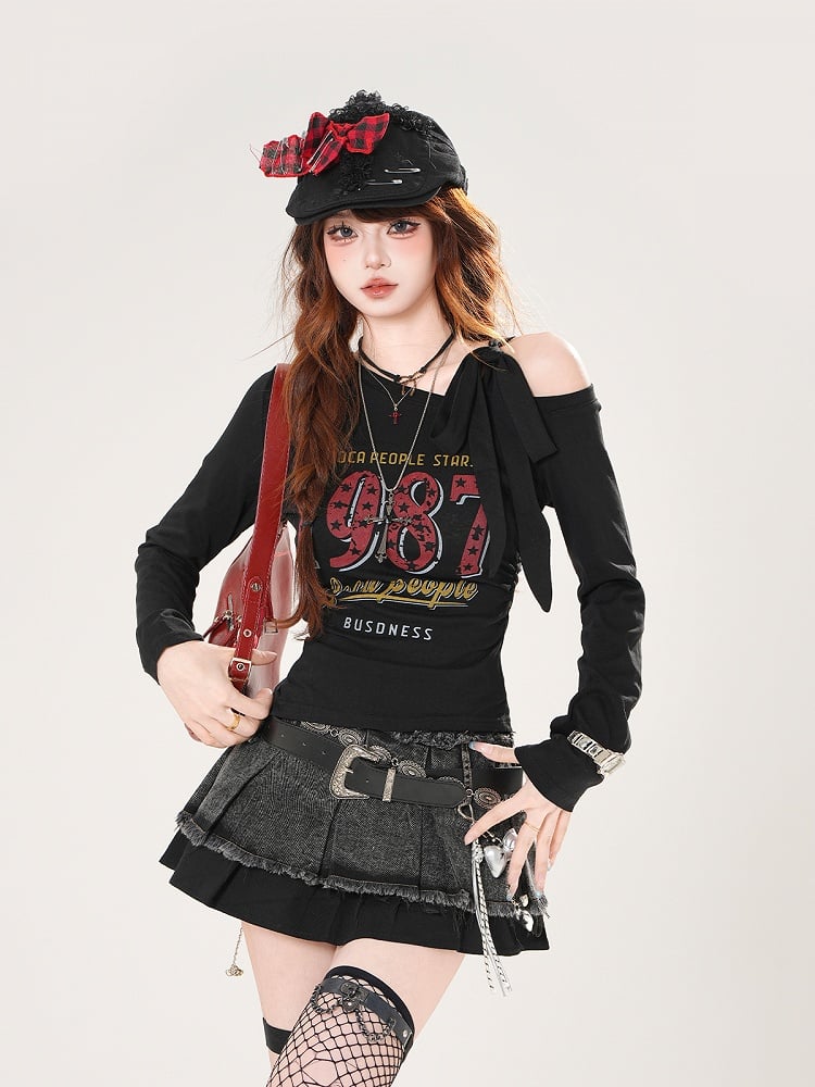 Top mit asymmetrischem Ausschnitt Vintage-Zahlendruck Blau/Weiß/Schwarz
