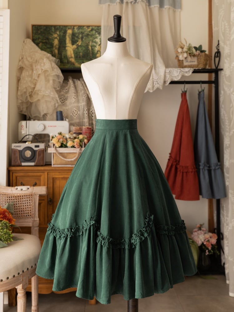 Dark Green Flounce Hem Lolita Midi Length Skirt