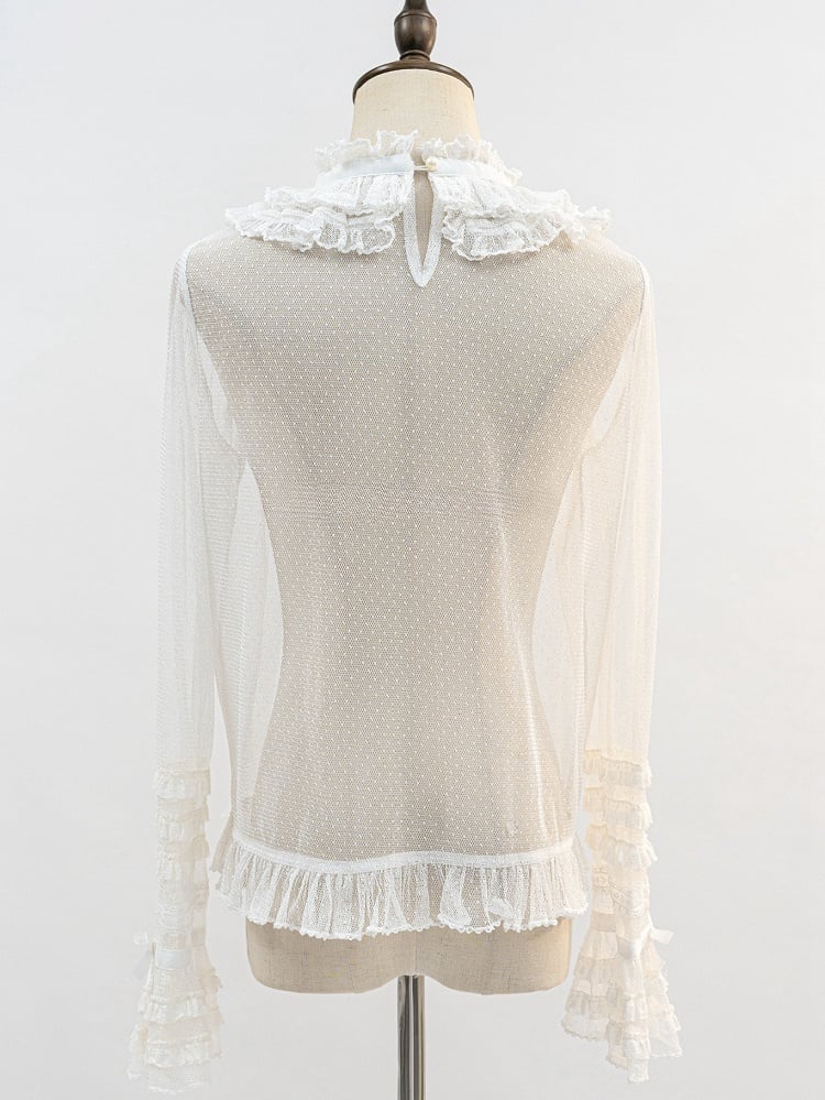 White Ruffle Neckline Sheer Long Sleeves Blouse