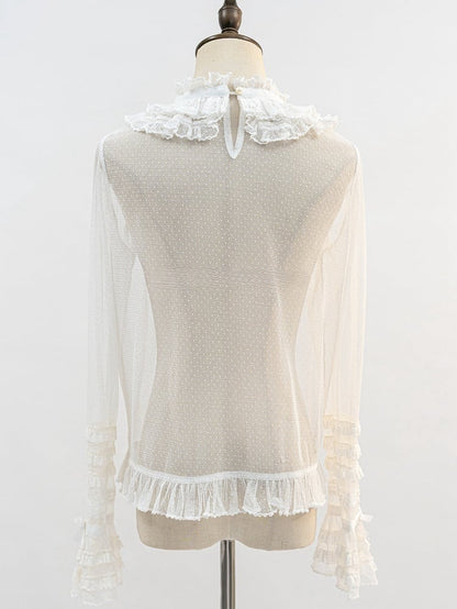 White Ruffle Neckline Sheer Long Sleeves Blouse