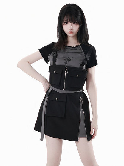 Black Snap and Zipper Detail Gray Techwear Skirt and