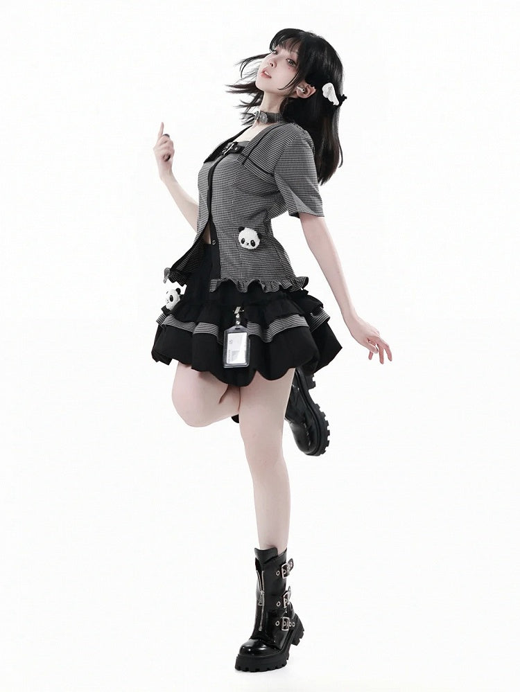 Choker Design Ruffled Hem Plaid Blouse Black Criss-cross All-in-one and