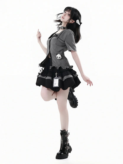 Choker Design Ruffled Hem Plaid Blouse Black Criss-cross All-in-one and