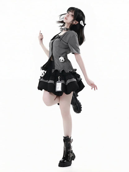 Elastic Plush Panda Bubble Skirt Waist with Card Black Holder