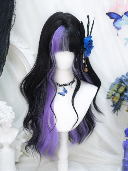 Purple and Black Highlight Under Bust Length Wavy Wig with Air Bangs