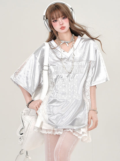 Grey/Black Lace Patchwork V-neck Sporty T-shirt