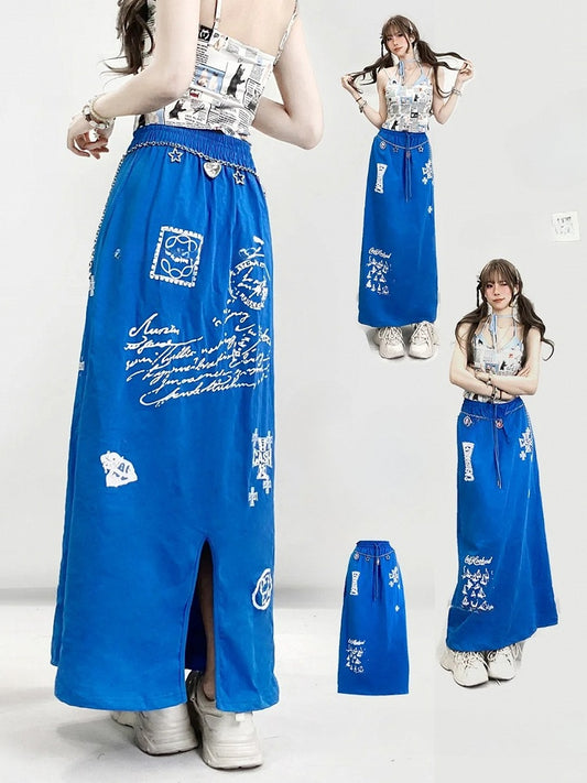Blue Y2K A-Line Skirt With Letter Sailboat And Cross Prints