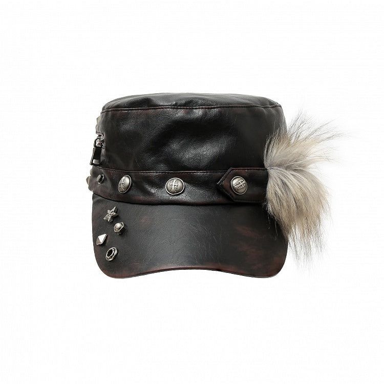 Dark Red Brown Punk Hat with Stud Details