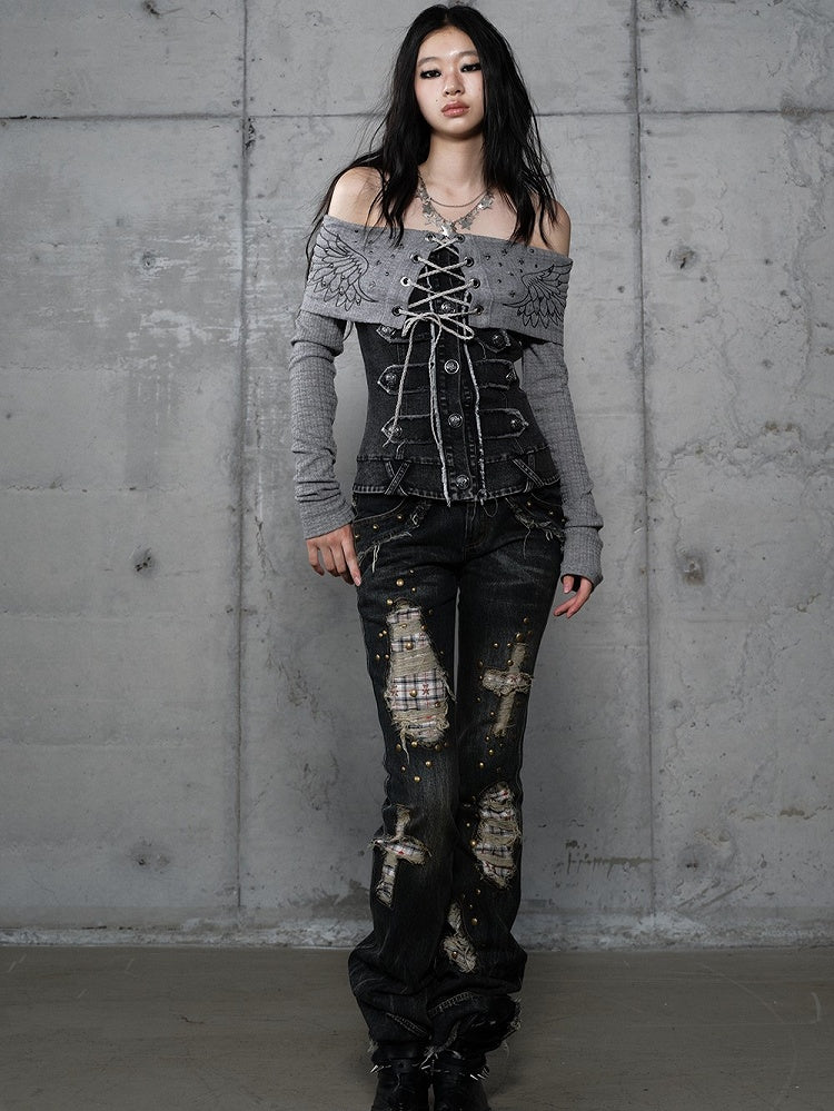 Plaid Distressed Patches Jeans Hem Punk with Frayed Black Wash Cross