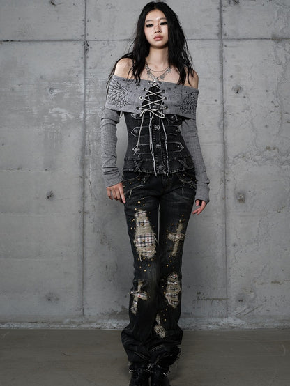 Plaid Distressed Patches Jeans Hem Punk with Frayed Black Wash Cross