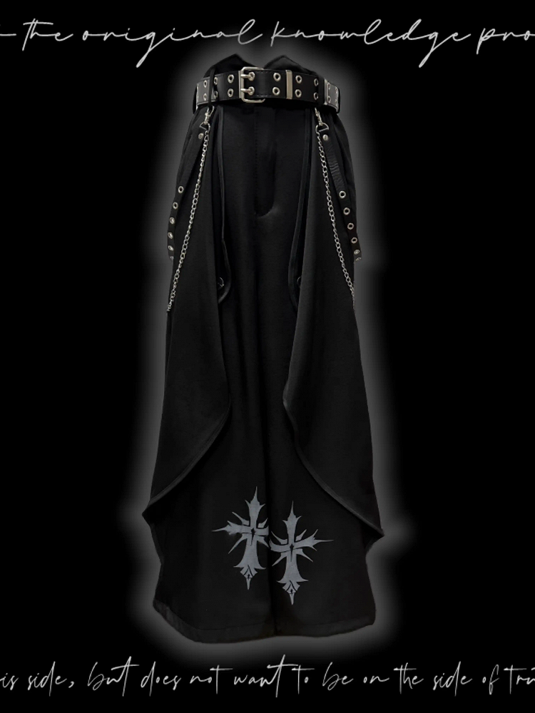 Hem Black Cross Print Wide-Leg Pants Asymmetrical