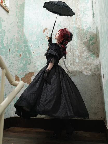 Schwarzer Korsett-Taillenrock mit Knochen und hoher Taille, Aristokratischer Gothic-Lolita-Rock