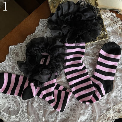 Straps Striped Stockings/Pink Underknee Socks/Leg Self-tie Lace Black Lace-up Overknee Pink Stockings/Black Loop