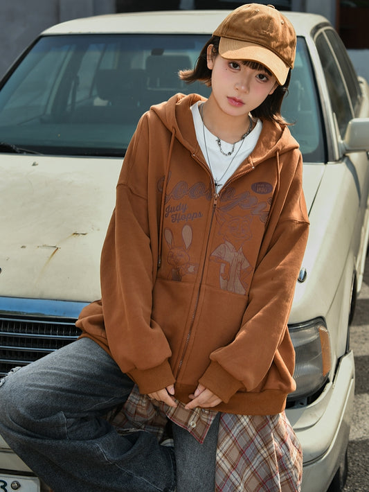 Zootopia Judy and Nick Print Brown Zip Hoodie