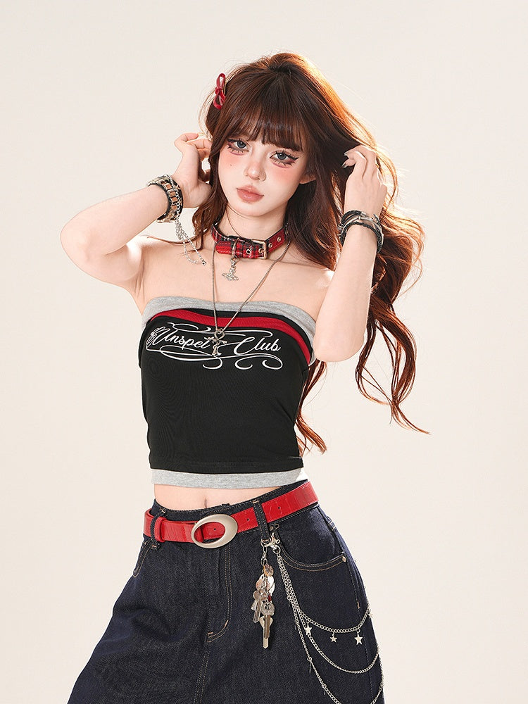 Navy Blue/Black Letter Print Cropped Strapless Top