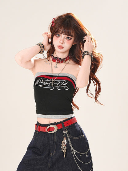 Navy Blue/Black Letter Print Cropped Strapless Top