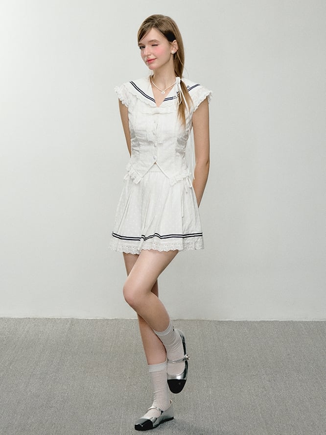 Self-tie Straps Waist White Pleated Skirt